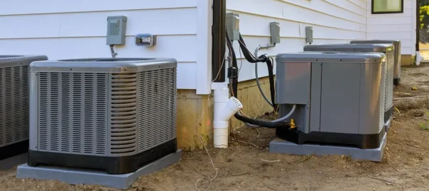 Air conditioning system outside a house, sitting on a soil-covered ground.