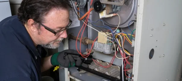 Repairman shining a flashlight on the inside of a home furnace
